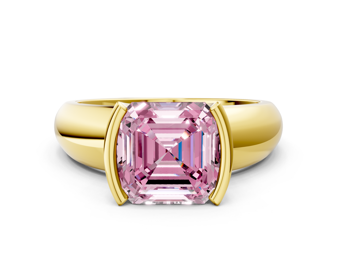 Yellow gold Fancy Pink Asscher  Solitaire Tension Set Diamond Ring with Wide Band_54
