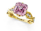 Yellow gold Fancy Pink Asscher  Solitaire Twist Band with Leaf Prong Setting 1