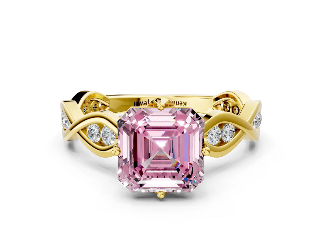 Yellow gold Fancy Pink Asscher  Solitaire Twist Band with Leaf Prong Setting