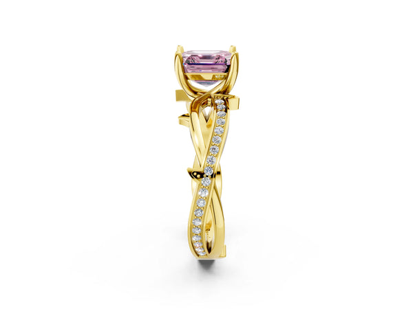 Yellow Gold Asscher Cut Crossover Twist Pave Engagement Ring Setting for Fancy Pink Center