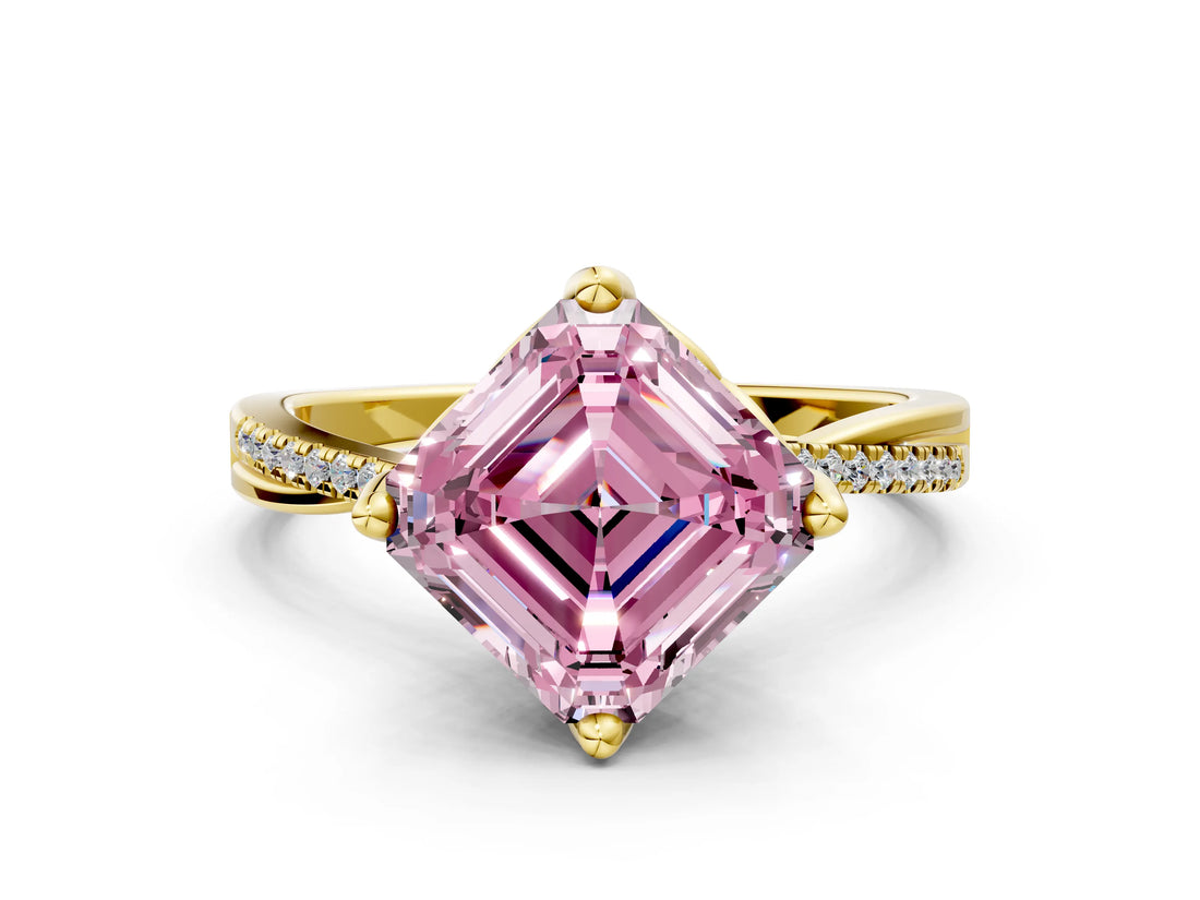 Yellow gold Fancy Pink Asscher  Solitaire Twist Band with Pavé Diamonds and Four-Prong Setting_97