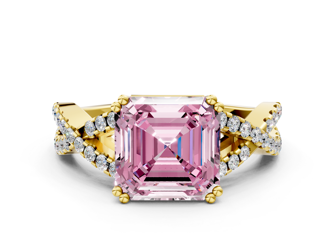 Yellow gold Fancy Pink Asscher  Solitaire Twist Band with Pavé Setting and Four-Prong Setting