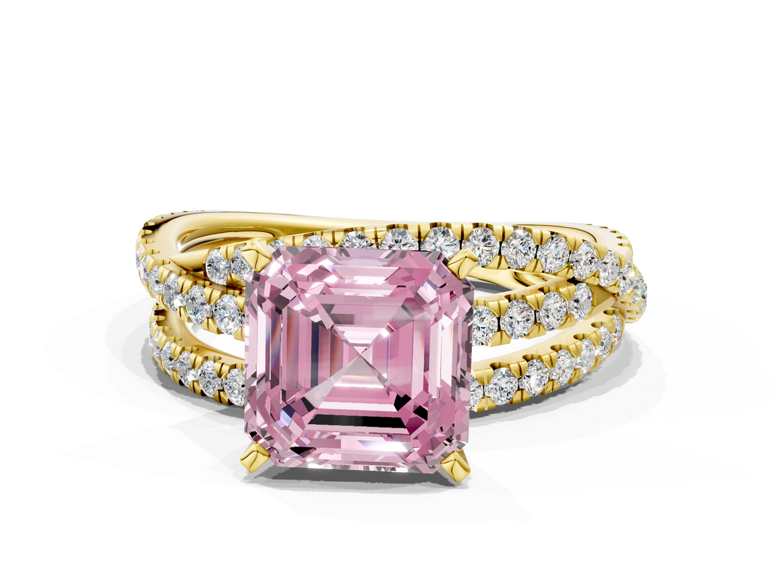 Yellow gold Fancy Pink Asscher  Solitaire Twist Band with Pavé Setting and Four-Prong Setting