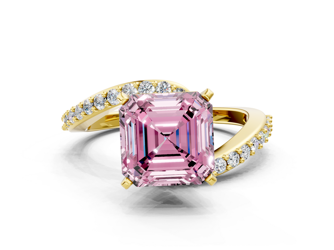 Yellow gold Fancy Pink Asscher  Solitaire Twist Band with Pave Set Diamonds and Four-Prong Setting