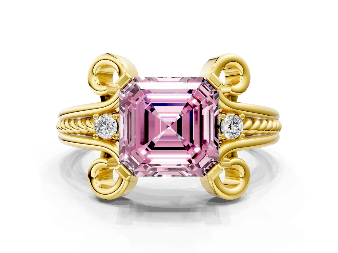 Yellow gold Fancy Pink Asscher  Solitaire Twisted Band Scroll Prong Ring_3