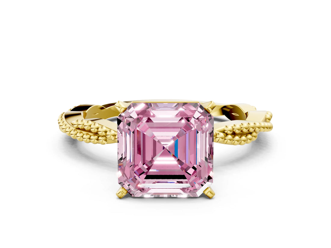 Yellow gold Fancy Pink Asscher  Solitaire Twisted Band with Bead Prong Setting_47