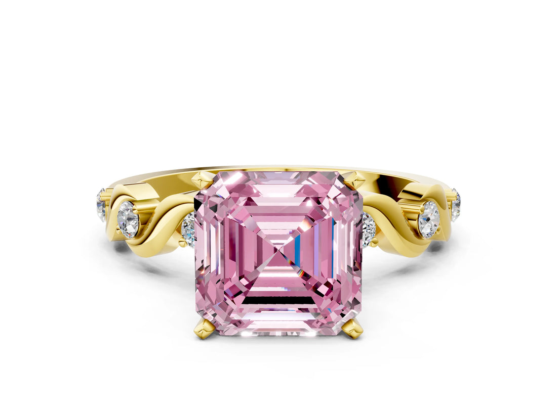 Yellow gold Fancy Pink Asscher  Solitaire Twisted Band with Prong Setting 1