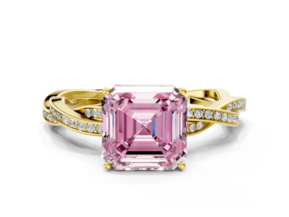 Yellow gold Fancy Pink Asscher  Solitaire Twisted Pave Diamond Ring with Four-Prong Setting_116