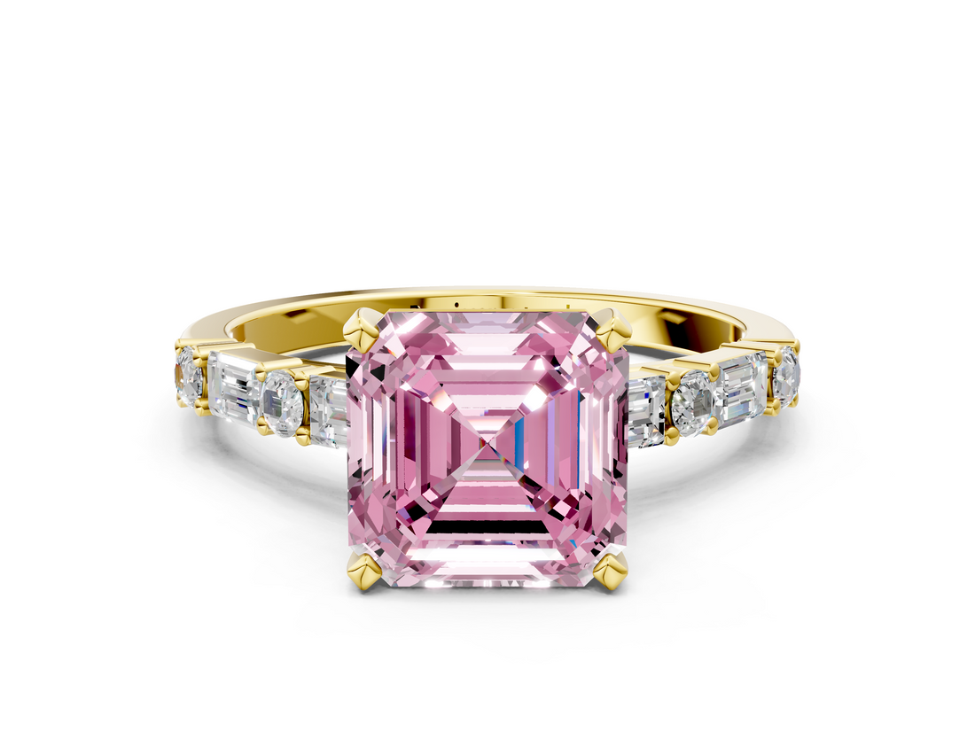Yellow gold Fancy Pink Asscher  Solitaire with Side Baguettes and Channel Set Band