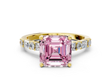 Yellow gold Fancy Pink Asscher  Solitaire with Side Baguettes and Channel Set Band