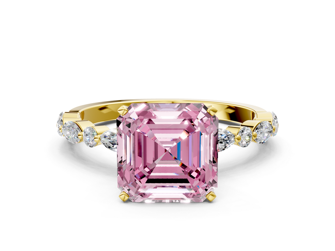 Yellow gold Fancy Pink Asscher  Solitaire with Side Stones on a Pavé Band and Four-Prong Setting