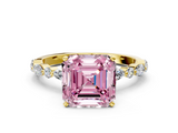 Yellow gold Fancy Pink Asscher  Solitaire with Side Stones on a Pavé Band and Four-Prong Setting