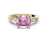 Yellow gold Fancy Pink Asscher  Solitaire with Tapered Baguette Side Stones on a Classic Band with Four-Prong Setting