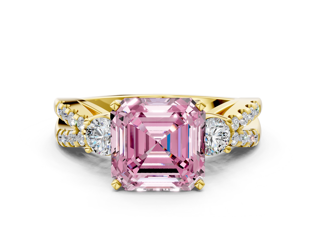 Yellow gold Fancy Pink Asscher  Three-Stone Diamond Ring with Pavé Split Shank and Four-Prong Setting_17