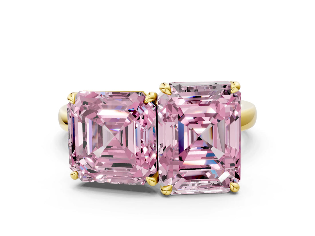 Yellow gold Fancy Pink Asscher  and Emerald Cut Toi Moi Ring with Prong Setting_46