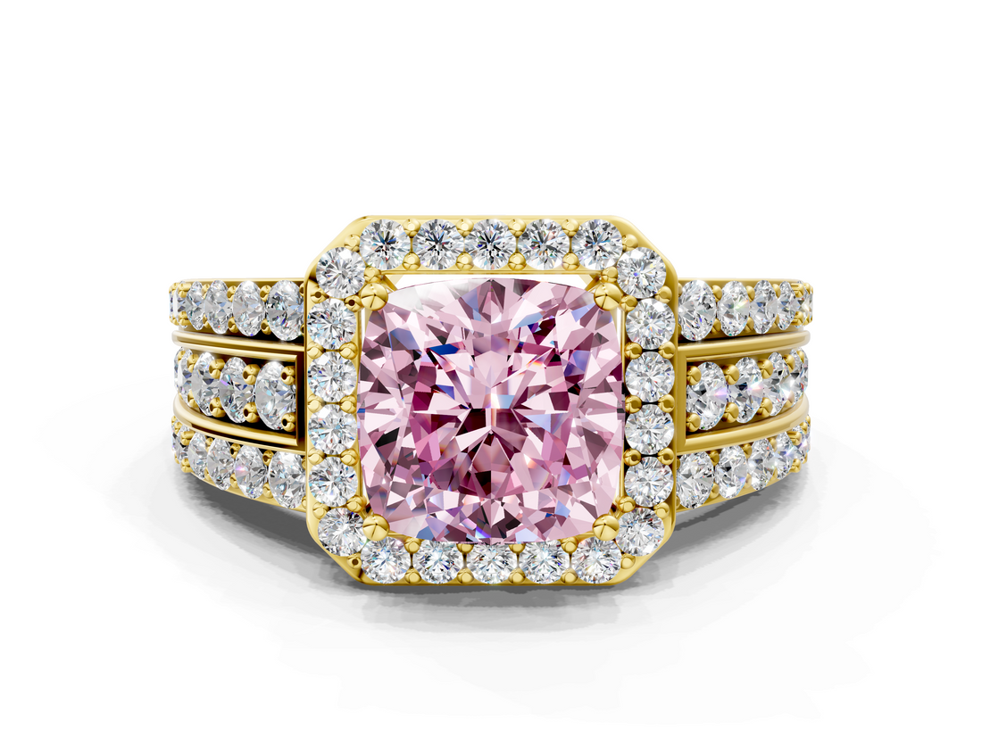 Yellow gold Fancy Pink Cushion -Cut Halo Diamond Ring with Split Shank and Four-Prong Setting_71
