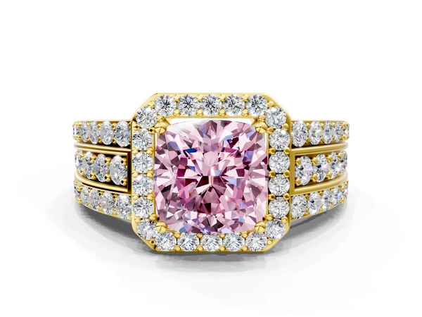 Yellow Gold Cushion Cut Triple-Row Pave Halo Engagement Ring Setting for Fancy Pink Center