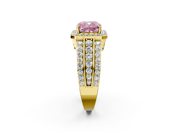 Yellow Gold Cushion Cut Triple-Row Pave Halo Engagement Ring Setting for Fancy Pink Center