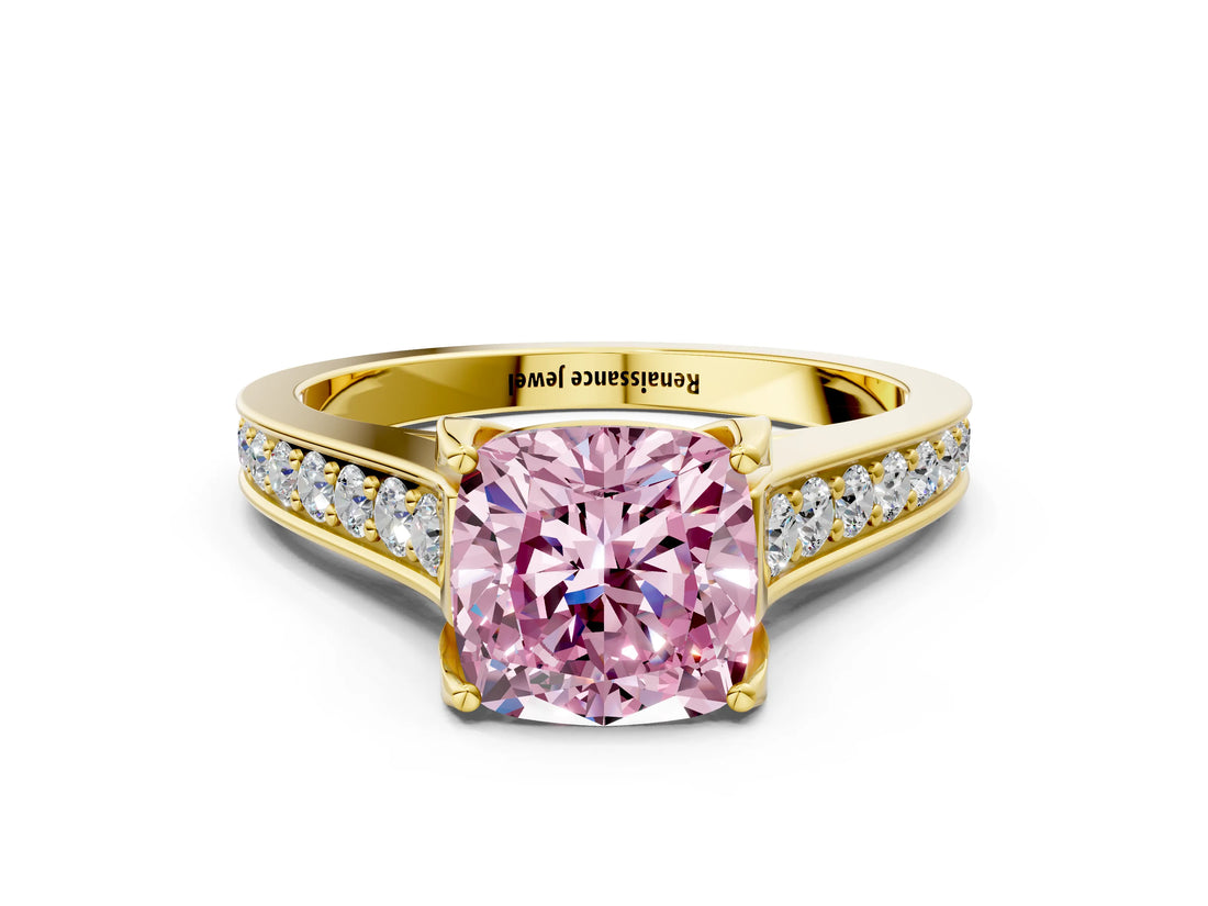 Yellow gold Fancy Pink Cushion  Brilliant Cut Diamond Engagement Ring with Pavé Band and Four-Prong Setting_49
