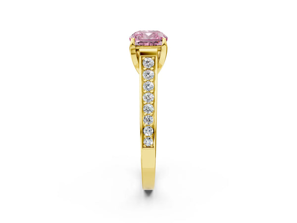 Yellow gold Fancy Pink Cushion  Brilliant Cut Diamond Engagement Ring with Pavé Band and Four-Prong Setting