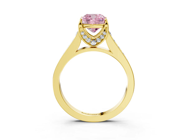 Yellow gold Fancy Pink Cushion  Brilliant Cut Diamond Engagement Ring with Pavé Band and Four-Prong Setting