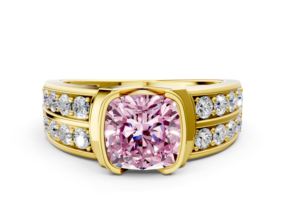 Yellow gold Fancy Pink Cushion  Brilliant Diamond Channel Set Wide Band Ring with Bezel Setting_20