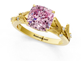 Yellow gold Fancy Pink Cushion  Brilliant Solitaire with Leaf Motif Band and Four-Prong Setting_64
