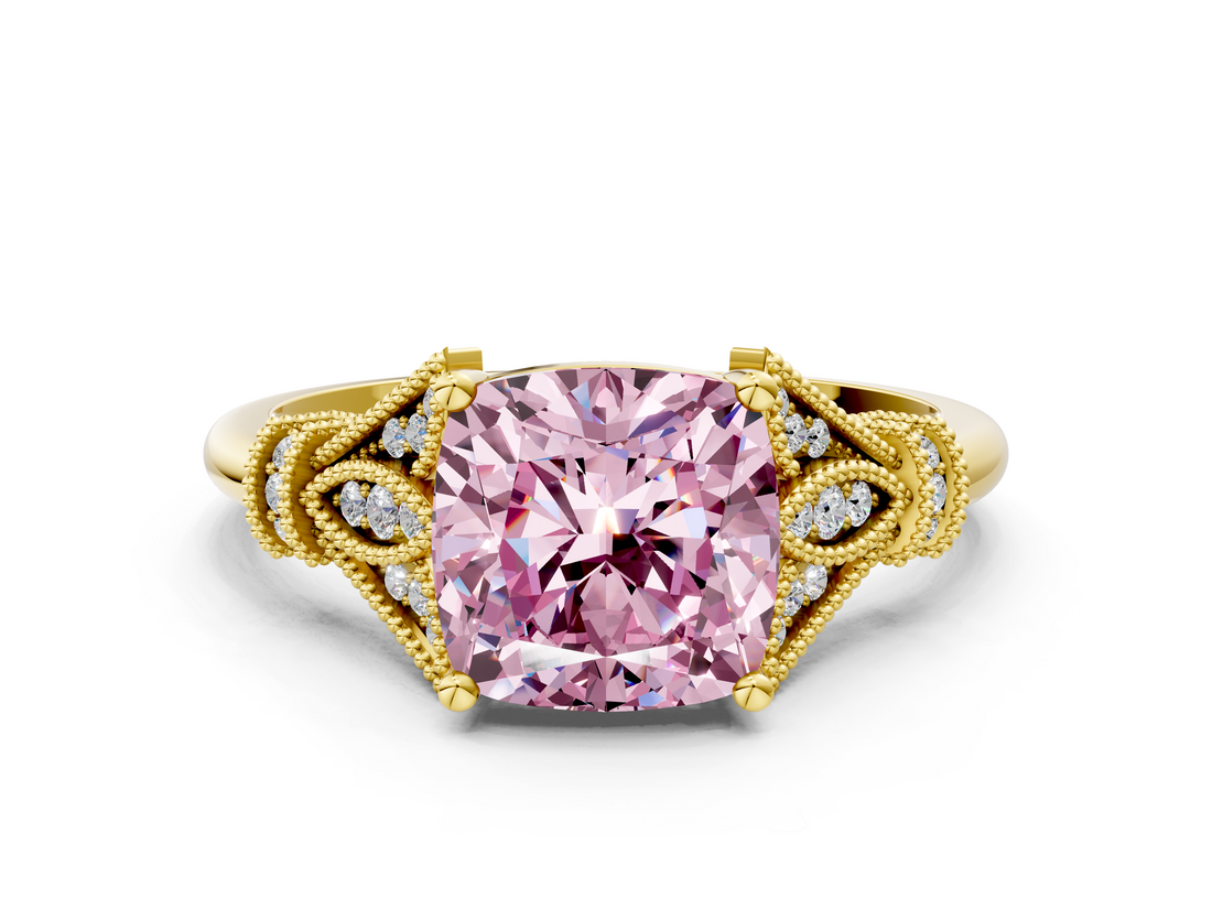 Yellow gold Fancy Pink Cushion  Brilliant Solitaire with Pave Band and Four-Prong Setting_20
