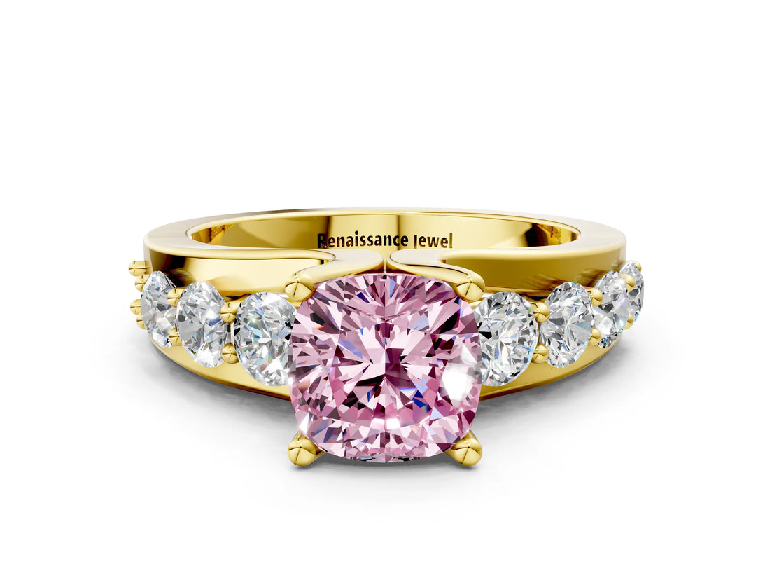 Yellow gold Fancy Pink Cushion  Brilliant Solitaire with Side Stones on a Pave Band and Four-Prong Setting_24