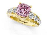Yellow gold Fancy Pink Cushion  Brilliant Solitaire with Side Stones on a Pave Band and Four-Prong Setting_25