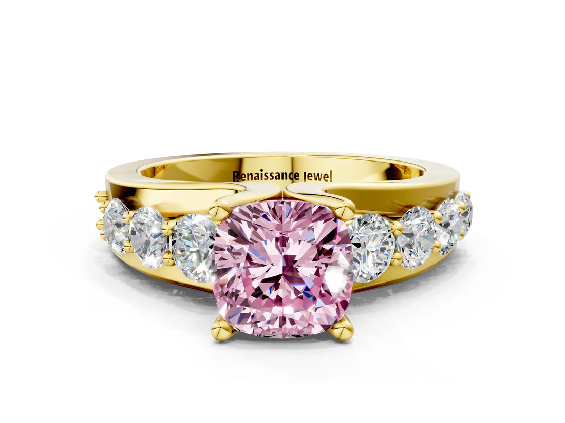 Yellow gold Fancy Pink Cushion  Brilliant Solitaire with Side Stones on a Pave Band and Four-Prong Setting_37