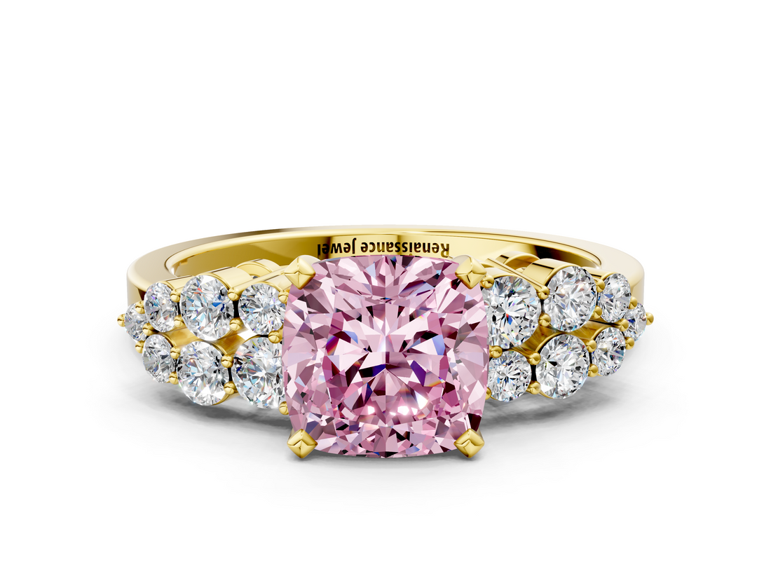 Yellow gold Fancy Pink Cushion  Cluster Diamond Engagement Ring with Pavé Band and Four-Prong Setting_52