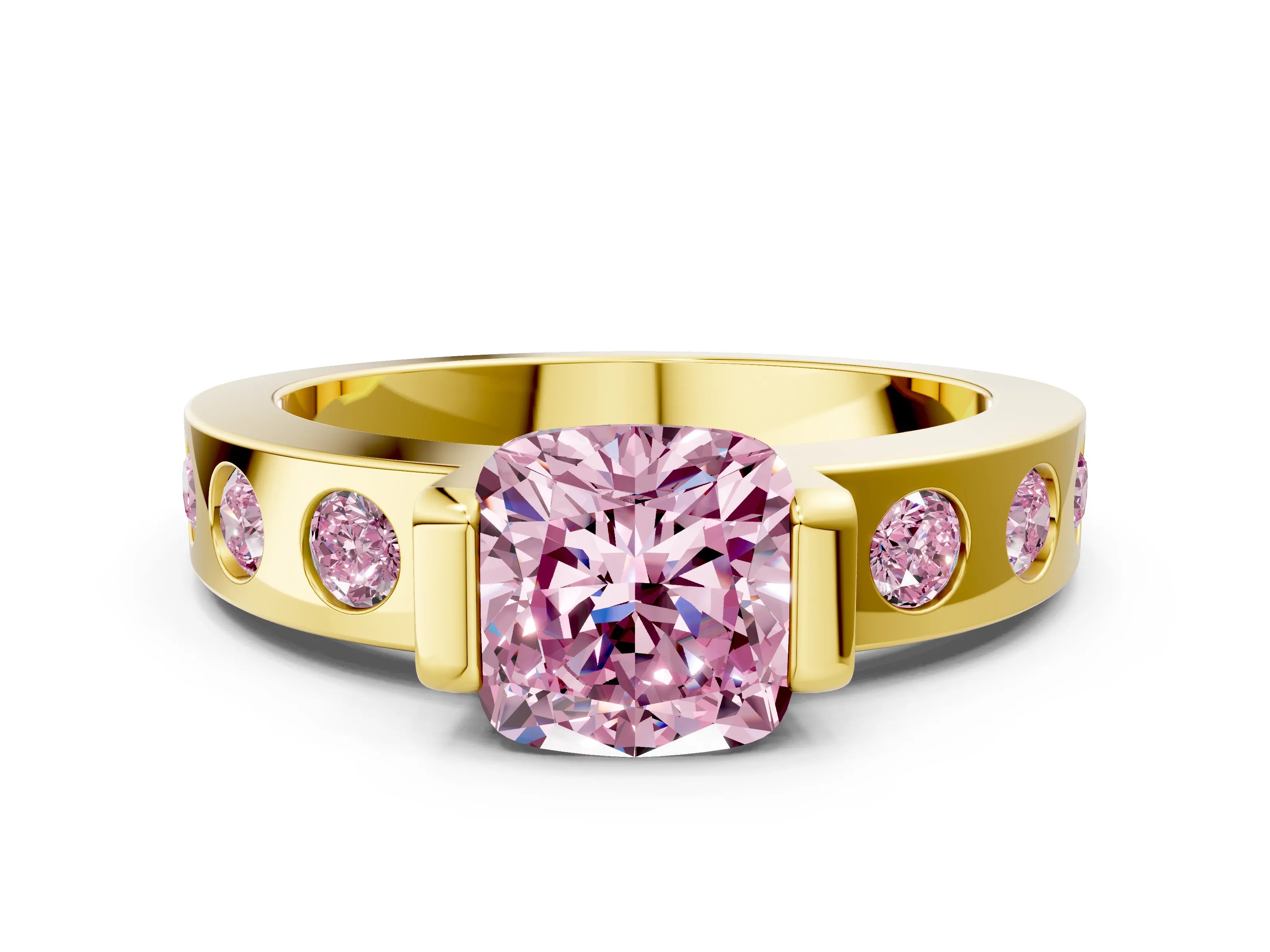 Yellow gold Fancy Pink Cushion Cut Brilliant Channel-Set Diamond Ring with Bezel Prong Setting