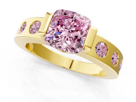 Yellow gold Fancy Pink Cushion Cut Brilliant Channel-Set Diamond Ring with Bezel Prong Setting_1