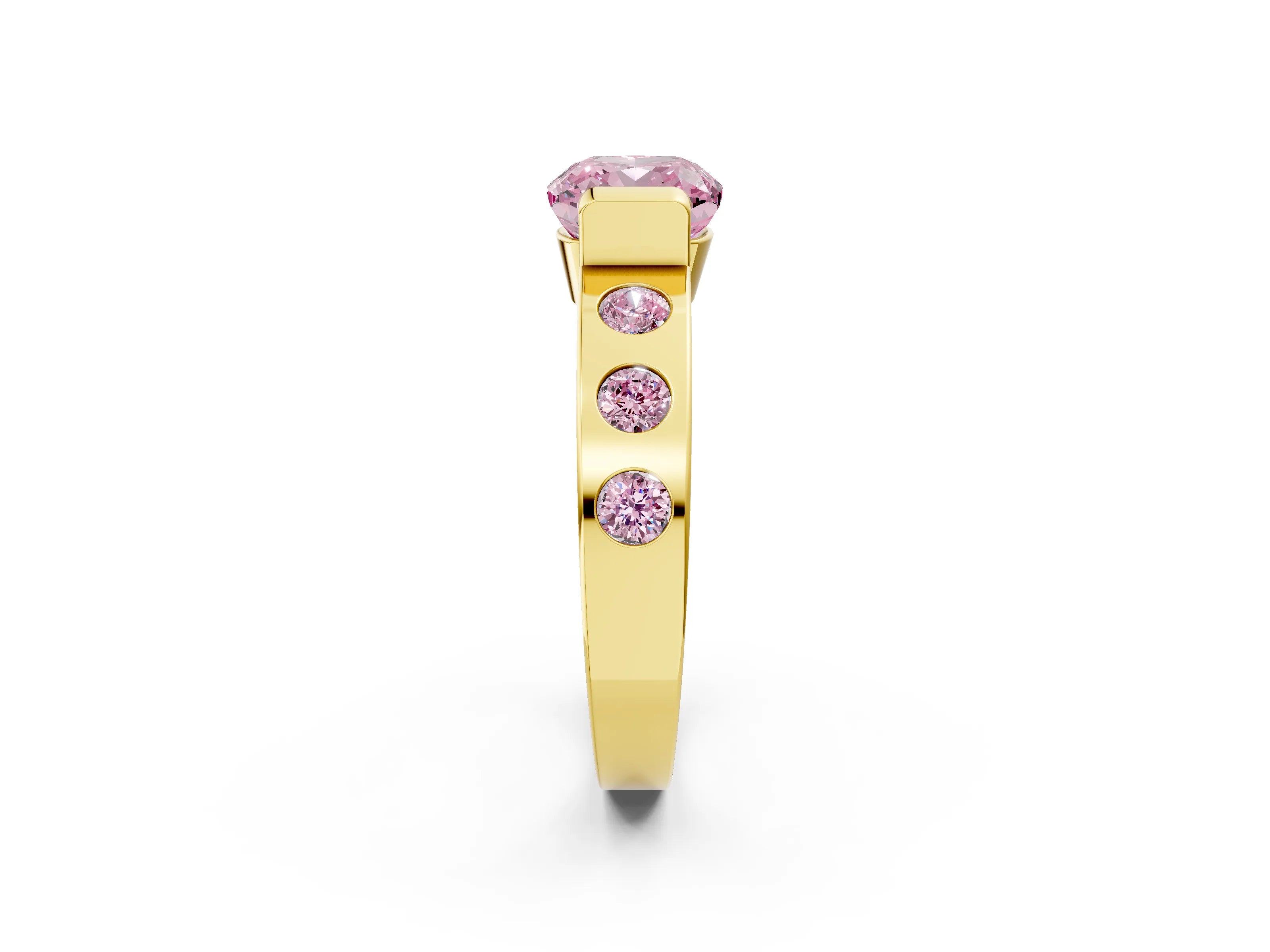 Yellow gold Fancy Pink Cushion Cut Brilliant Channel-Set Diamond Ring with Bezel Prong Setting_2