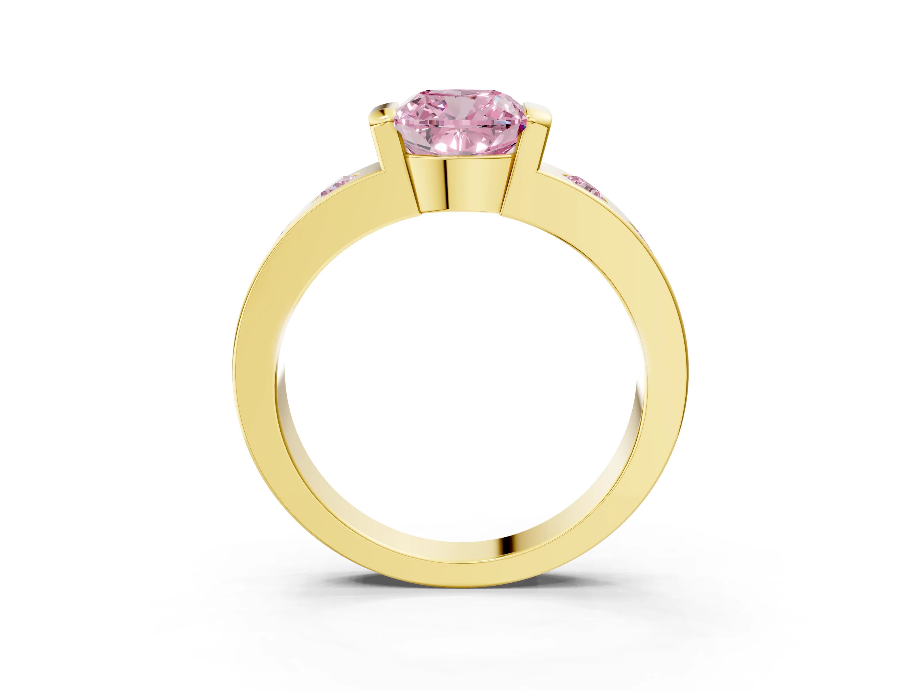 Yellow gold Fancy Pink Cushion Cut Brilliant Channel-Set Diamond Ring with Bezel Prong Setting_3