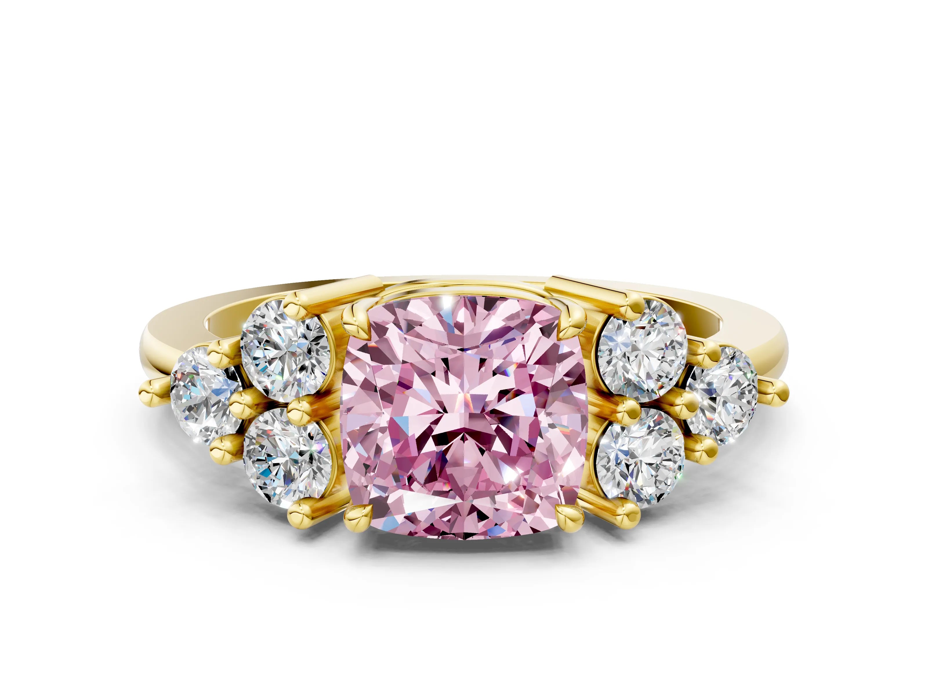 Yellow gold Fancy Pink Cushion Cut Brilliant Diamond Cluster Accent Solitaire Ring with Prong Setting