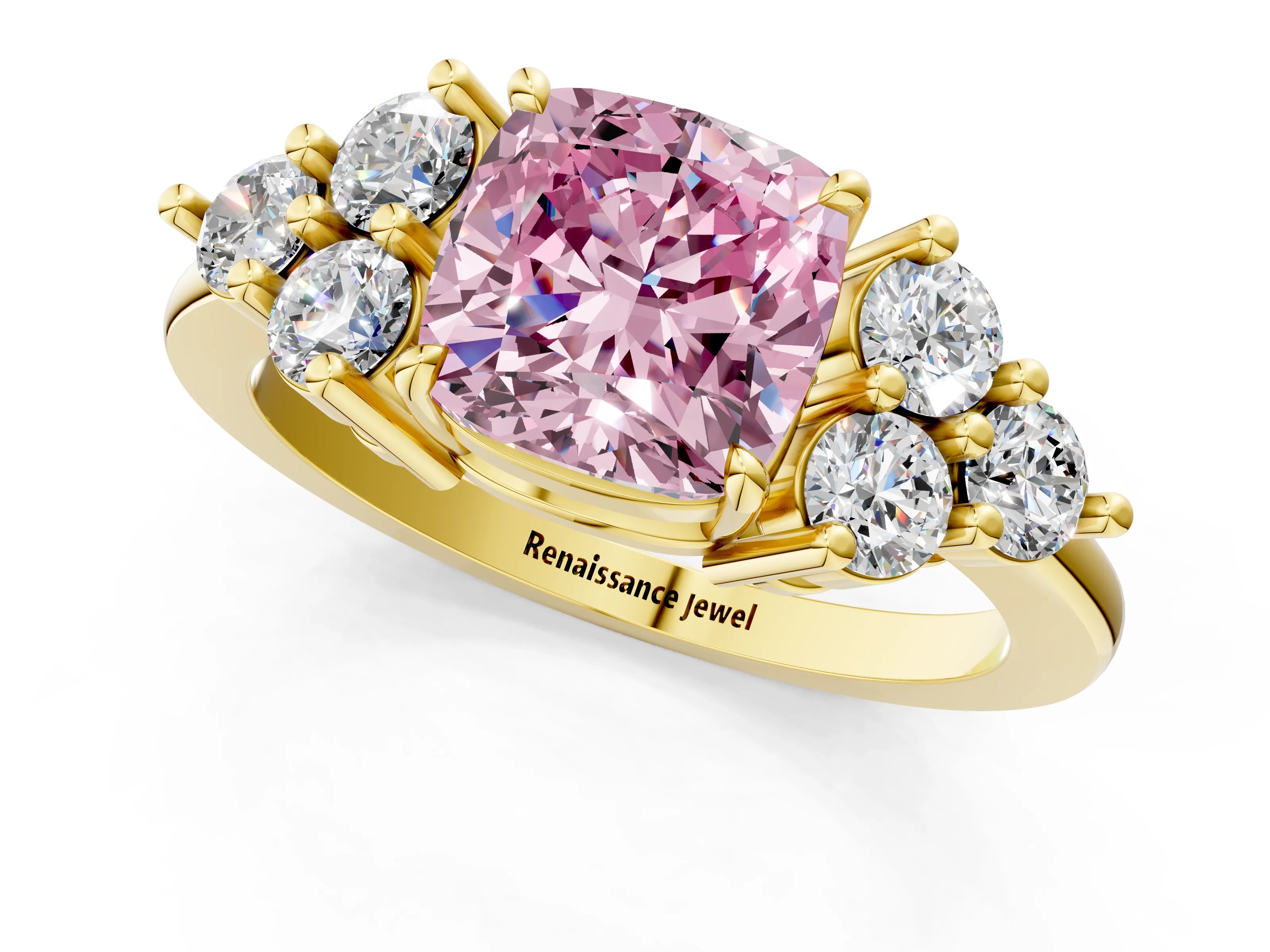Yellow gold Fancy Pink Cushion Cut Brilliant Diamond Cluster Accent Solitaire Ring with Prong Setting_1