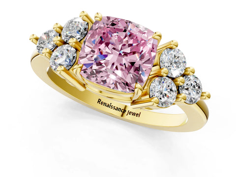 Yellow gold Fancy Pink Cushion Cut Brilliant Diamond Cluster Accent Solitaire Ring with Prong Setting_1