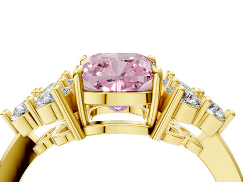 Yellow gold Fancy Pink Cushion Cut Brilliant Diamond Cluster Accent Solitaire Ring with Prong Setting_4