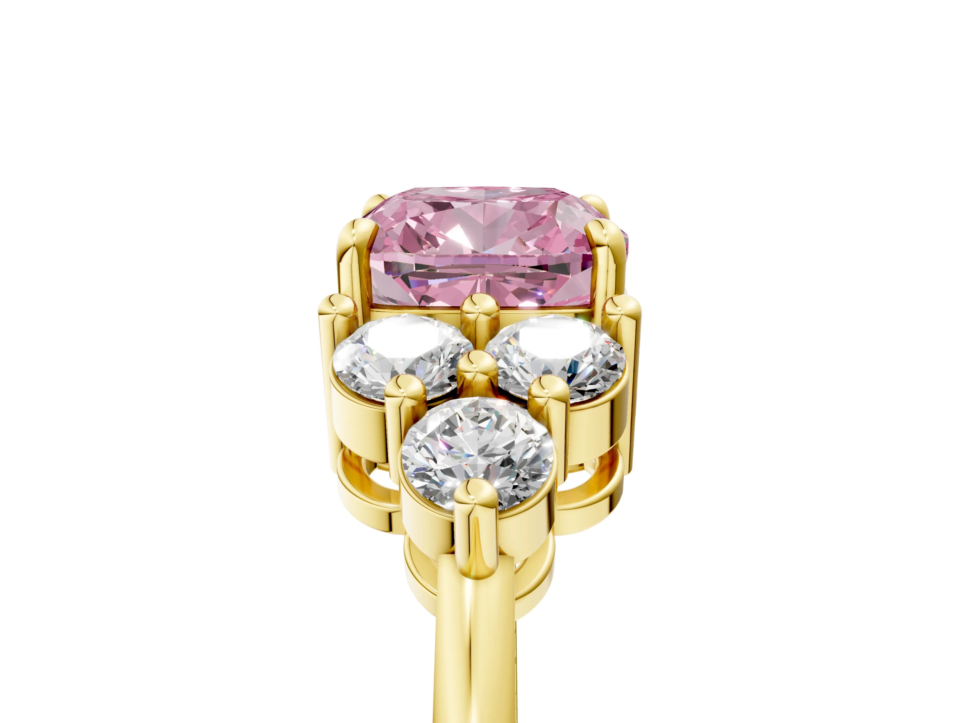 Yellow gold Fancy Pink Cushion Cut Brilliant Diamond Cluster Accent Solitaire Ring with Prong Setting_5