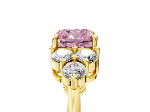 Yellow gold Fancy Pink Cushion Cut Brilliant Diamond Cluster Accent Solitaire Ring with Prong Setting_5