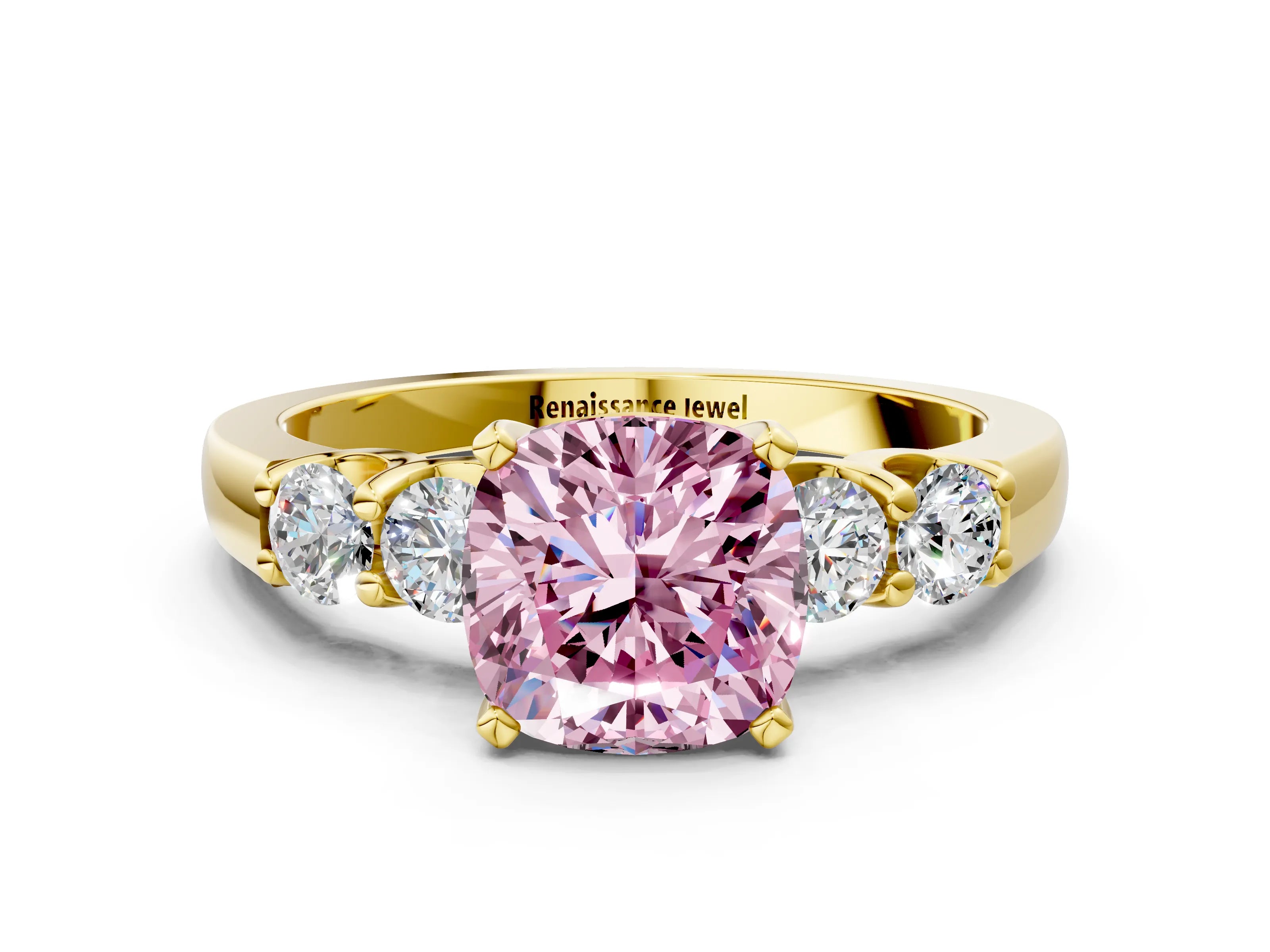 Yellow gold Fancy Pink Cushion Cut Brilliant Diamond Five-Stone Engagement Ring with Prong Setting on a Classic Band_3