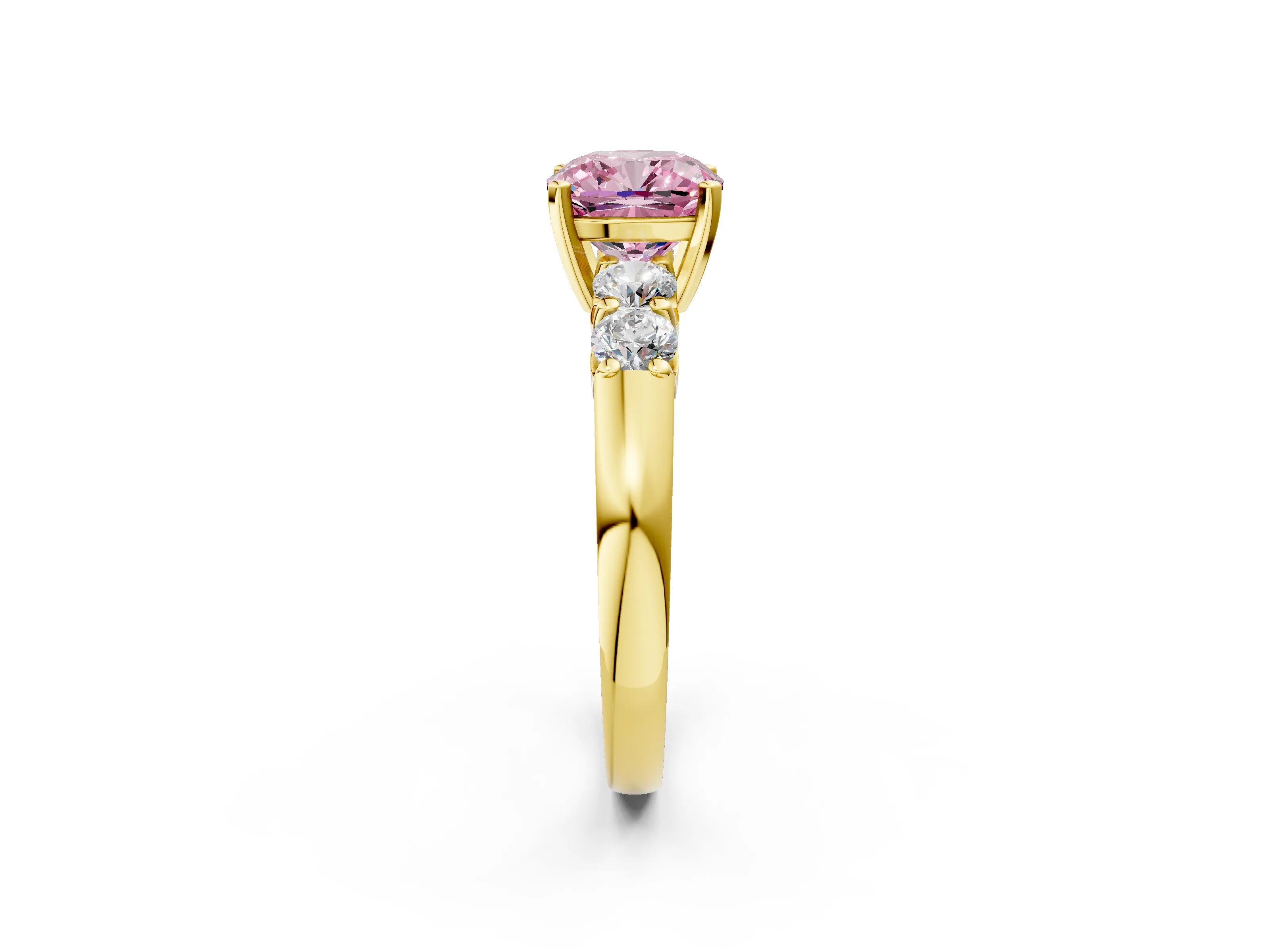 Yellow gold Fancy Pink Cushion Cut Brilliant Diamond Five-Stone Engagement Ring with Prong Setting on a Classic Band_5