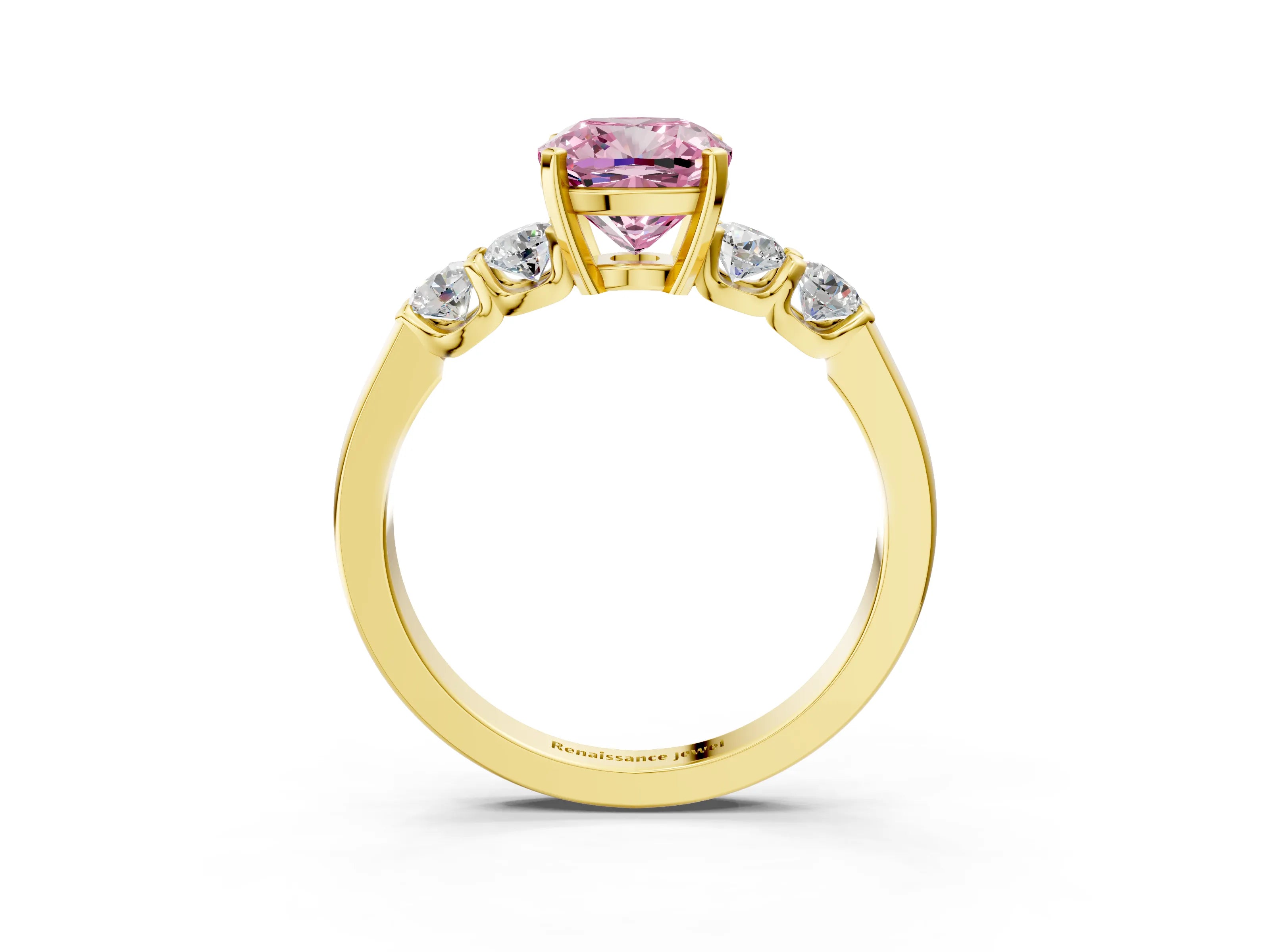 Yellow gold Fancy Pink Cushion Cut Brilliant Diamond Five-Stone Engagement Ring with Prong Setting on a Classic Band_6