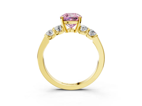 Yellow gold Fancy Pink Cushion Cut Brilliant Diamond Five-Stone Engagement Ring with Prong Setting on a Classic Band_6