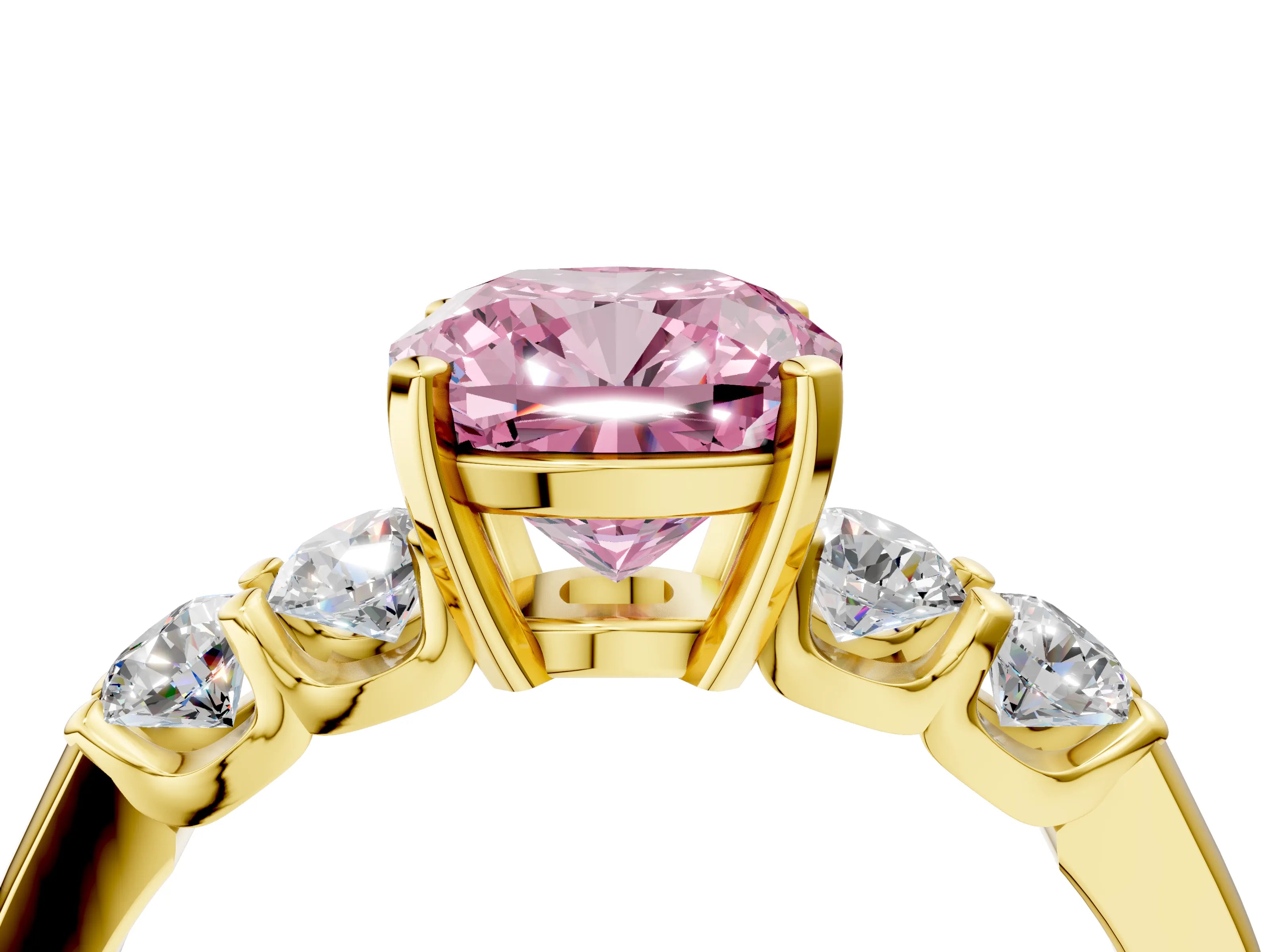 Yellow gold Fancy Pink Cushion Cut Brilliant Diamond Five-Stone Engagement Ring with Prong Setting on a Classic Band_7