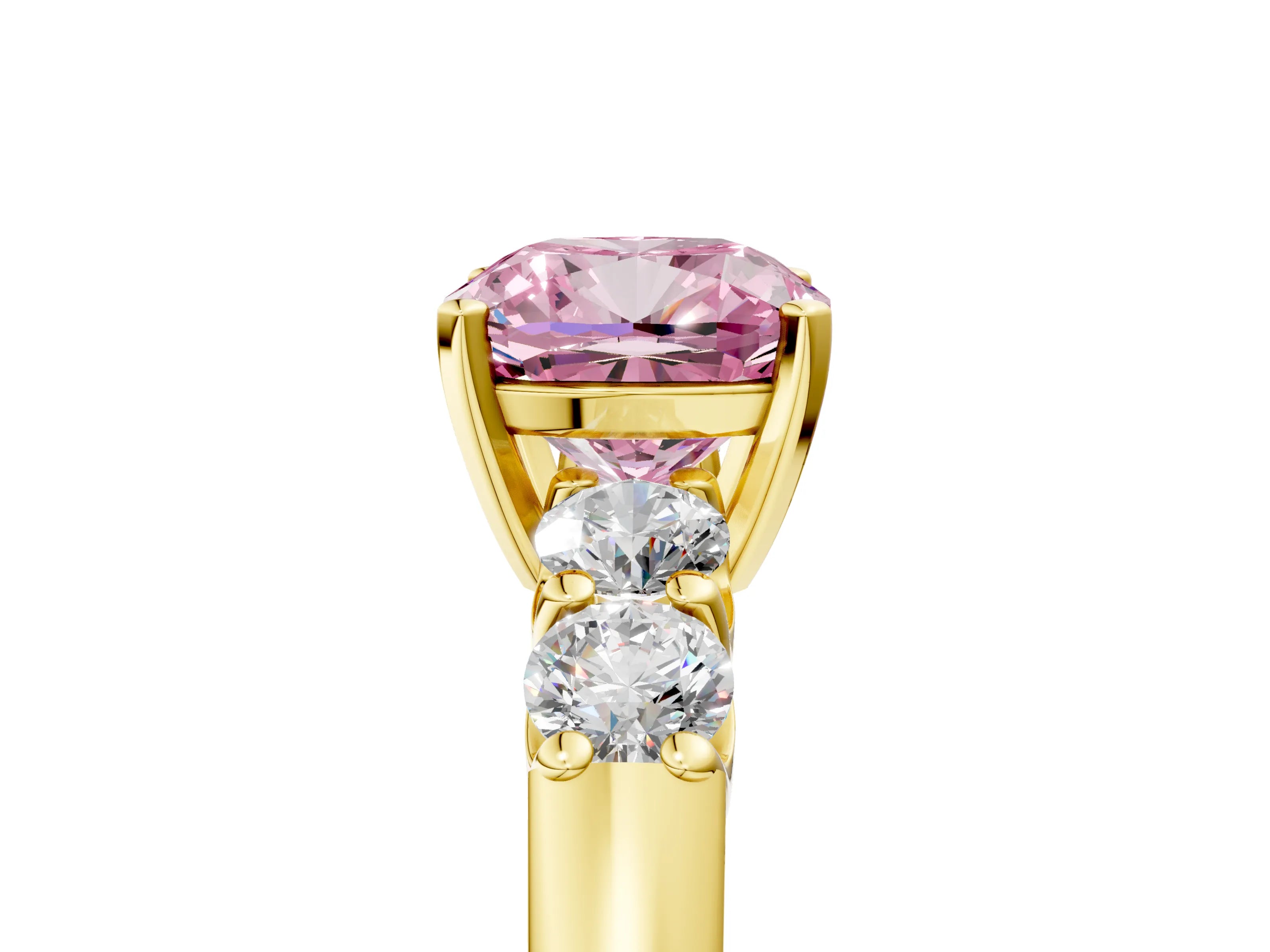 Yellow gold Fancy Pink Cushion Cut Brilliant Diamond Five-Stone Engagement Ring with Prong Setting on a Classic Band_8