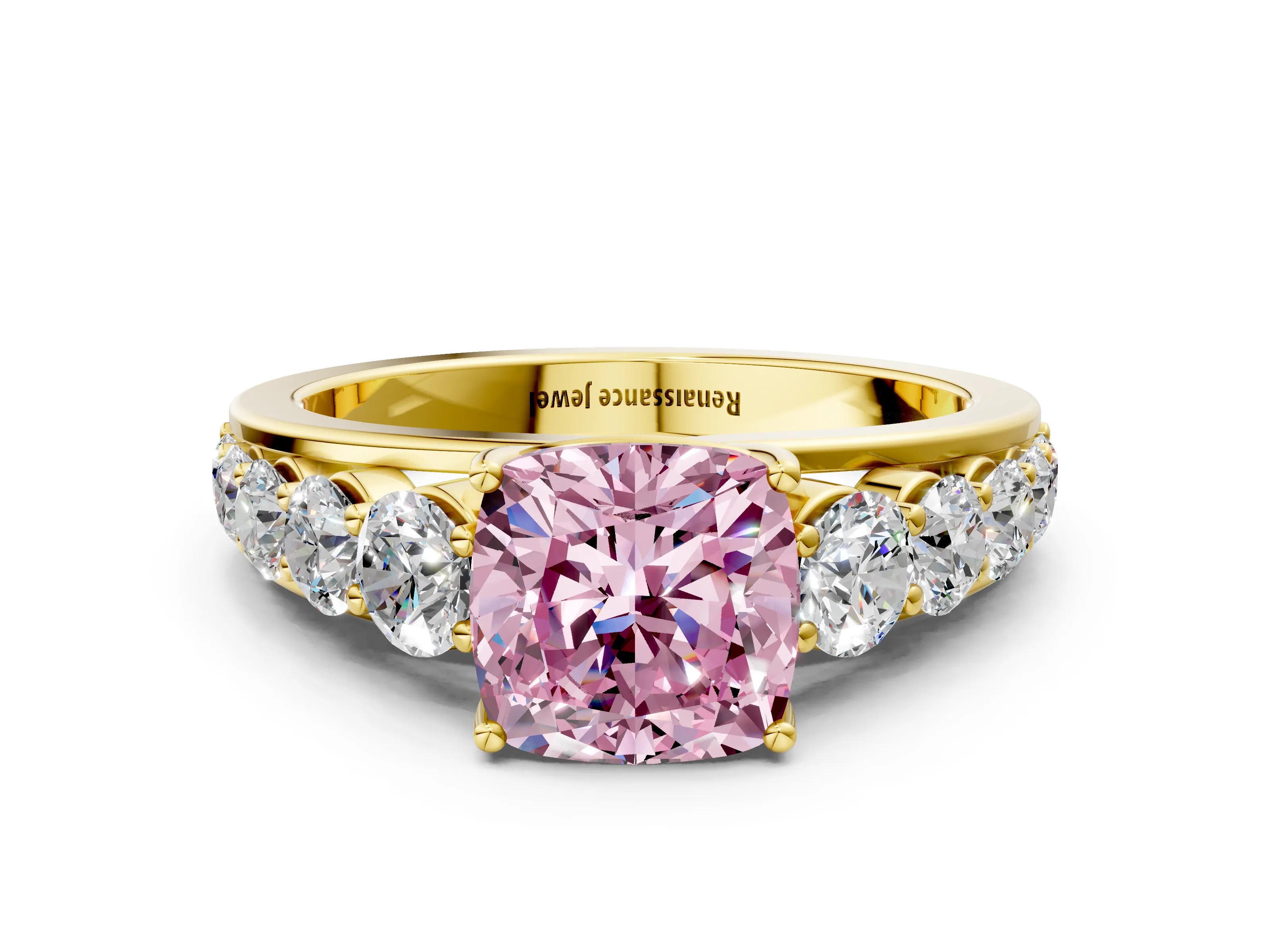 Yellow gold Fancy Pink Cushion Cut Brilliant Diamond Pavé Band with Six-Prong Setting