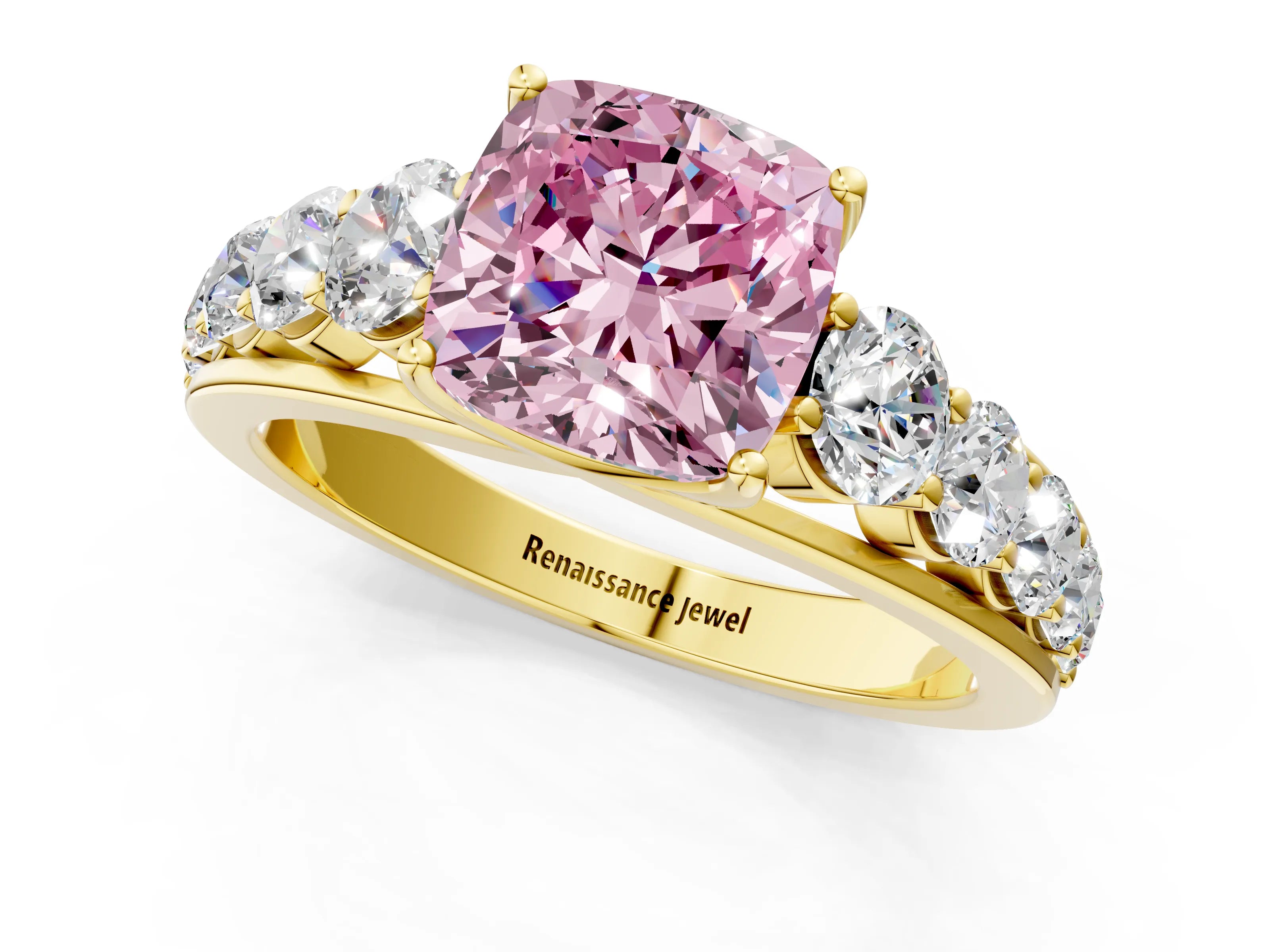 Yellow gold Fancy Pink Cushion Cut Brilliant Diamond Pavé Band with Six-Prong Setting_1